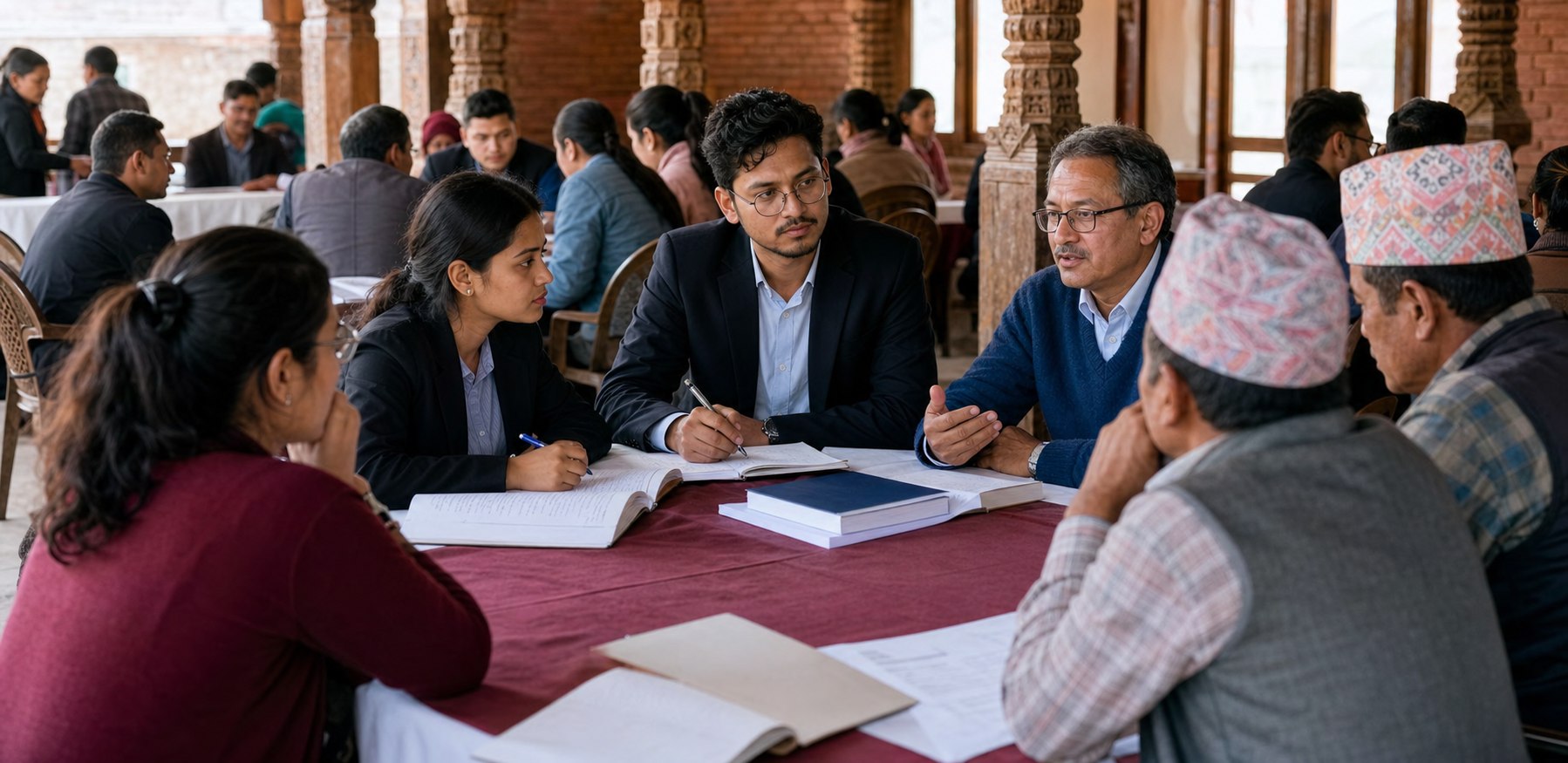 Nepali law students and a faculty mentor consulting with community members
