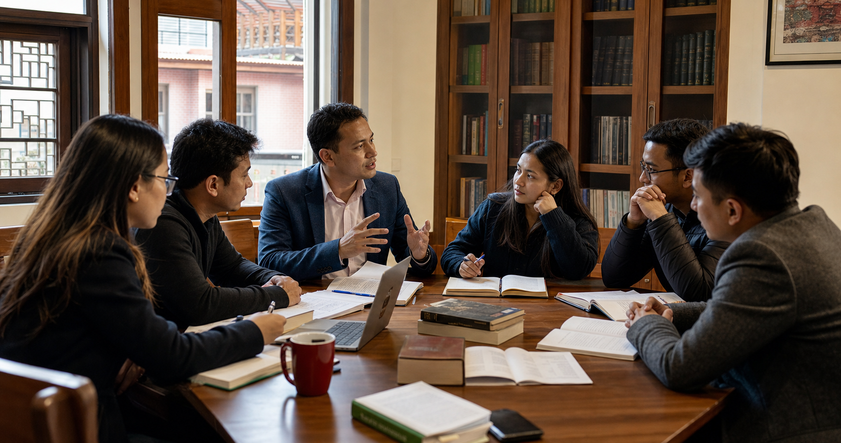 A Nepali faculty mentor facilitating a collaborative law seminar with students