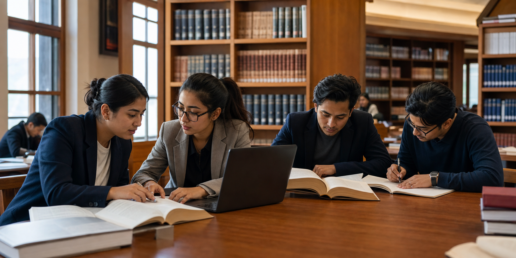 Nepali law students conducting collaborative legal research in an academic library